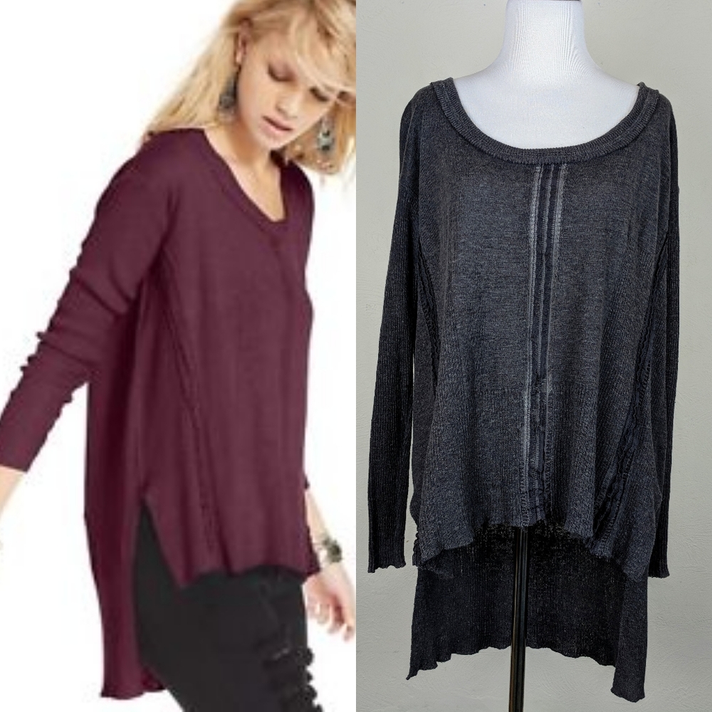 Free People Top Shirt Gray Oversized Knit Lace Boho Fall Minimalist Neutral